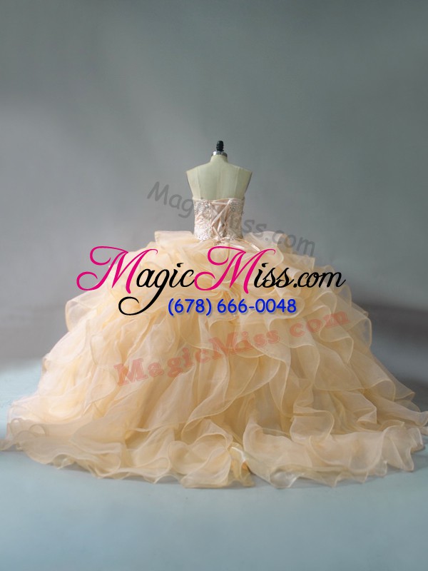 wholesale gold lace up sweetheart beading and ruffles quinceanera gowns organza sleeveless brush train