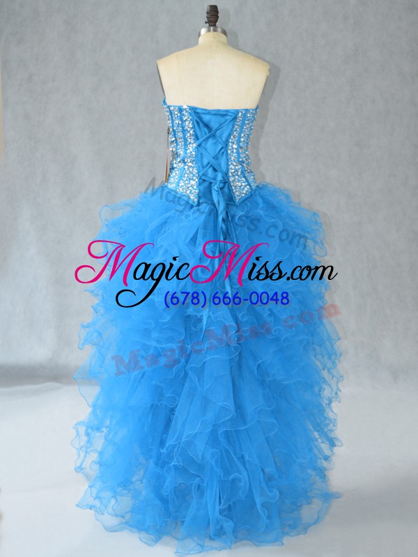 wholesale aqua blue a-line organza sweetheart sleeveless beading and ruffles high low lace up dress for prom