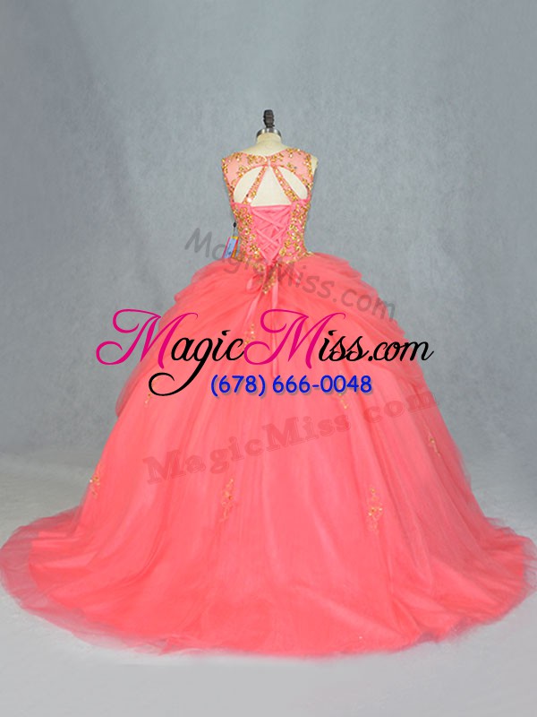 wholesale watermelon red ball gowns tulle scoop sleeveless beading lace up 15 quinceanera dress brush train