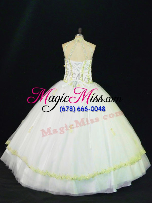 wholesale fantastic sleeveless tulle floor length lace up sweet 16 dress in yellow and white with appliques