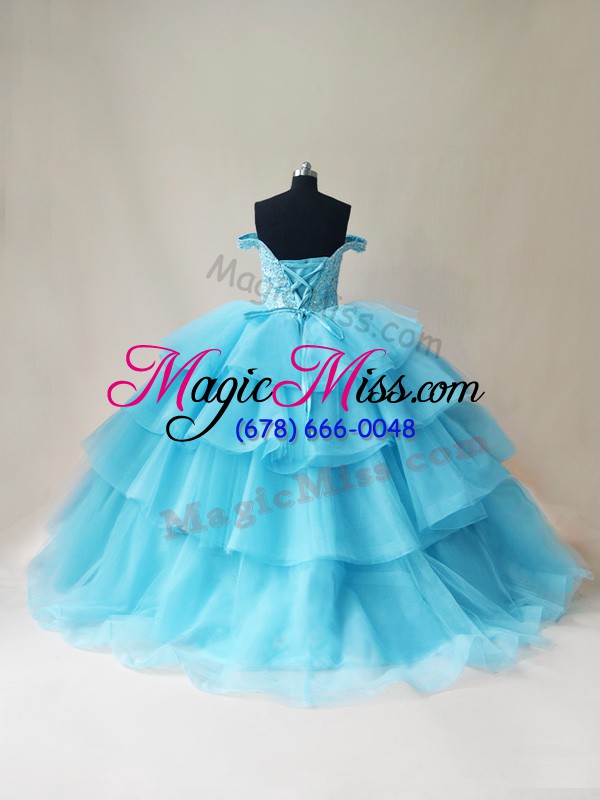 wholesale aqua blue lace up off the shoulder beading and ruffled layers sweet 16 dresses organza and tulle sleeveless