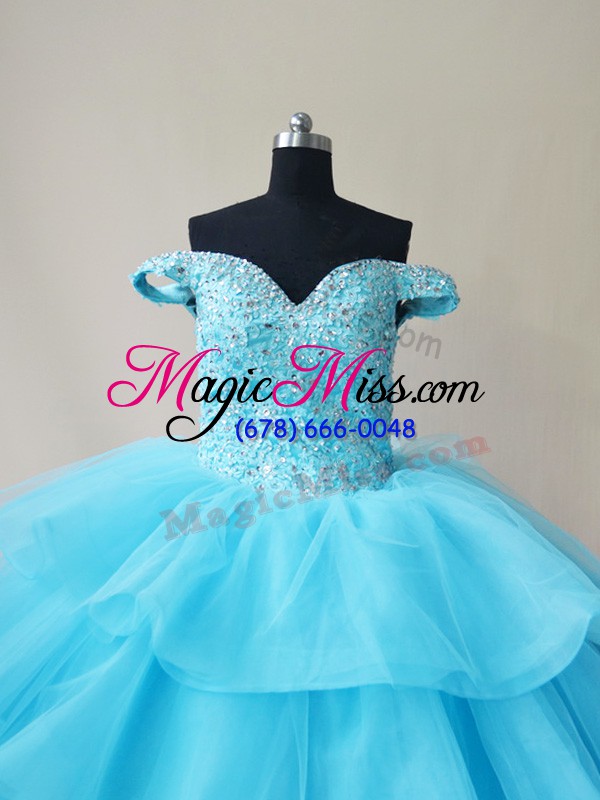 wholesale aqua blue lace up off the shoulder beading and ruffled layers sweet 16 dresses organza and tulle sleeveless