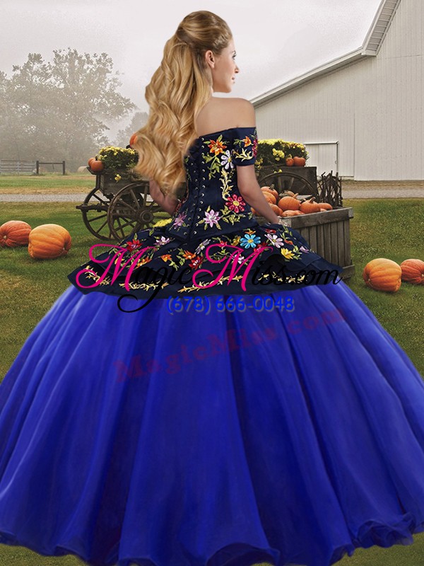 wholesale blue and black ball gowns embroidery sweet 16 quinceanera dress lace up tulle sleeveless floor length