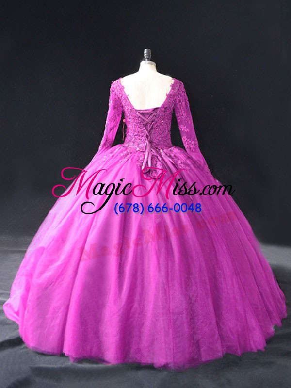 wholesale long sleeves floor length lace and appliques lace up quinceanera gowns with fuchsia