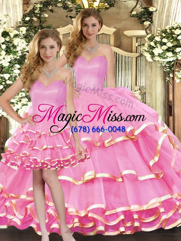 wholesale captivating rose pink three pieces ruffled layers 15 quinceanera dress lace up organza sleeveless floor length