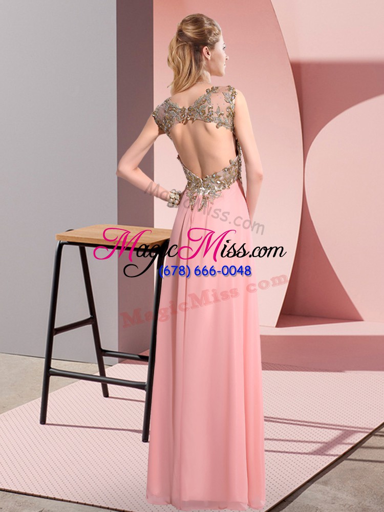 wholesale chiffon scoop sleeveless backless beading and appliques bridesmaid gown in lavender