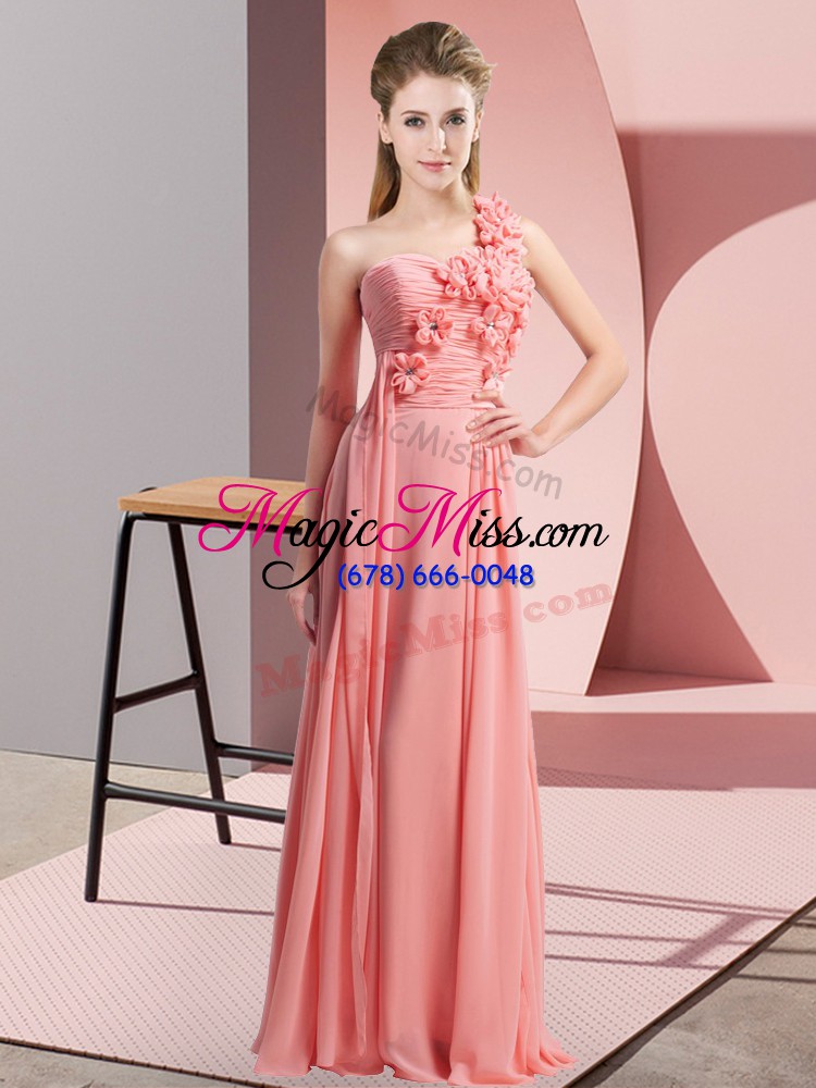 wholesale lovely empire bridesmaid gown watermelon red one shoulder chiffon sleeveless floor length lace up