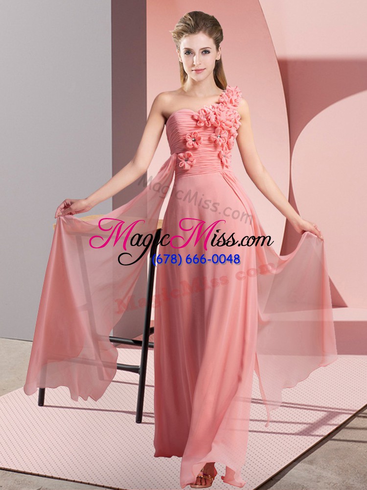 wholesale lovely empire bridesmaid gown watermelon red one shoulder chiffon sleeveless floor length lace up