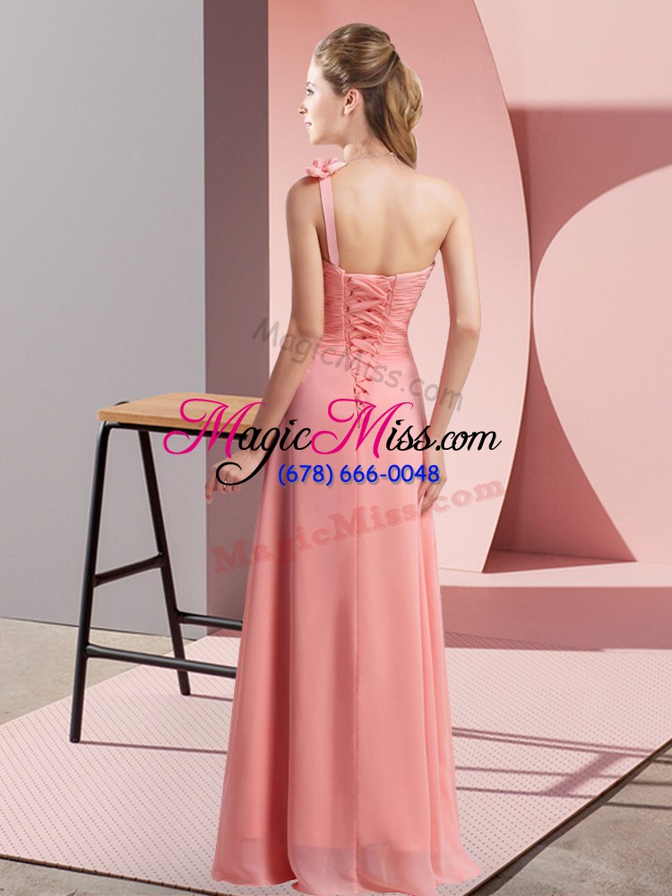 wholesale lovely empire bridesmaid gown watermelon red one shoulder chiffon sleeveless floor length lace up