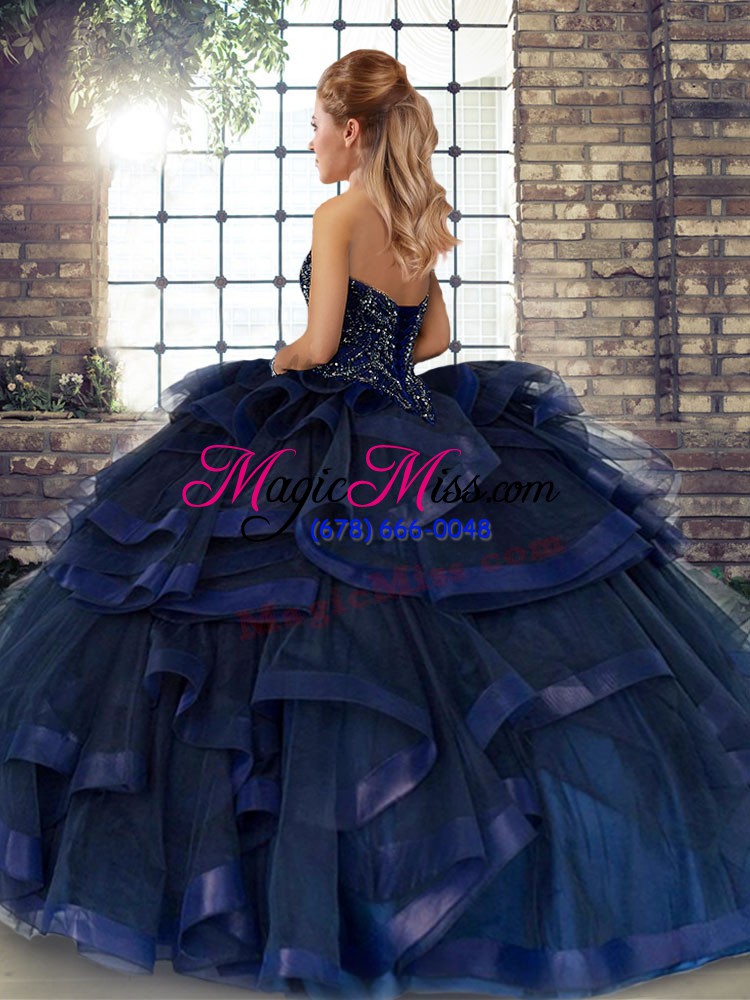 wholesale navy blue tulle lace up ball gown prom dress sleeveless floor length beading and ruffles