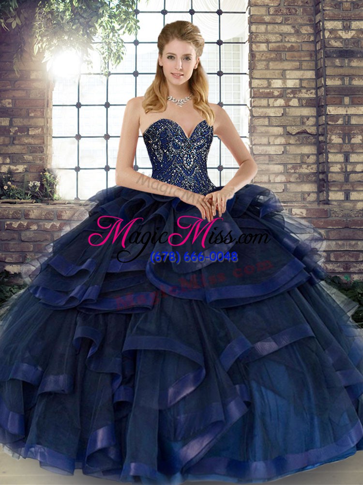 wholesale navy blue tulle lace up ball gown prom dress sleeveless floor length beading and ruffles