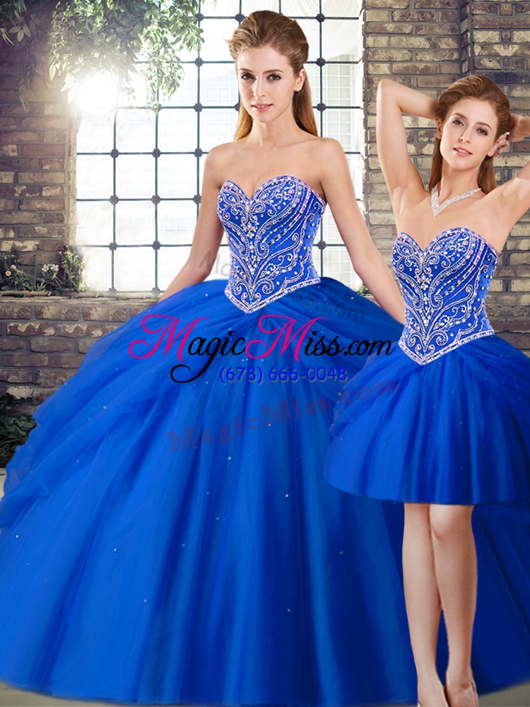 wholesale artistic royal blue sweet 16 dresses tulle brush train sleeveless beading and pick ups