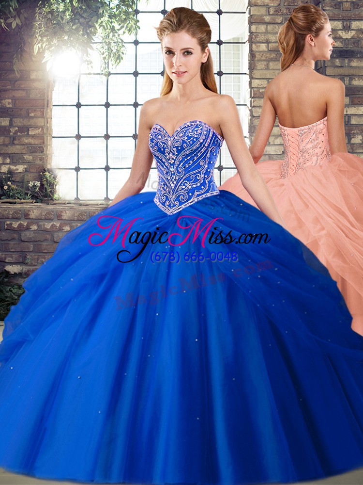 wholesale artistic royal blue sweet 16 dresses tulle brush train sleeveless beading and pick ups