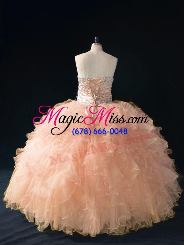 wholesale peach sleeveless beading and ruffles floor length quince ball gowns