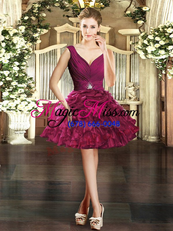 wholesale new style burgundy ball gowns v-neck sleeveless organza floor length backless ruffles and pick ups quince ball gowns