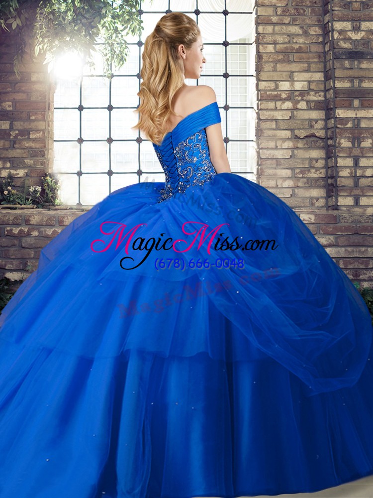 wholesale unique teal ball gowns tulle off the shoulder sleeveless beading and pick ups lace up vestidos de quinceanera brush train