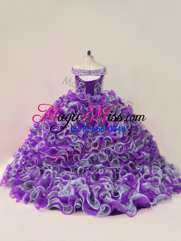 wholesale multi-color ball gowns off the shoulder sleeveless organza lace up beading and ruffles quinceanera dresses