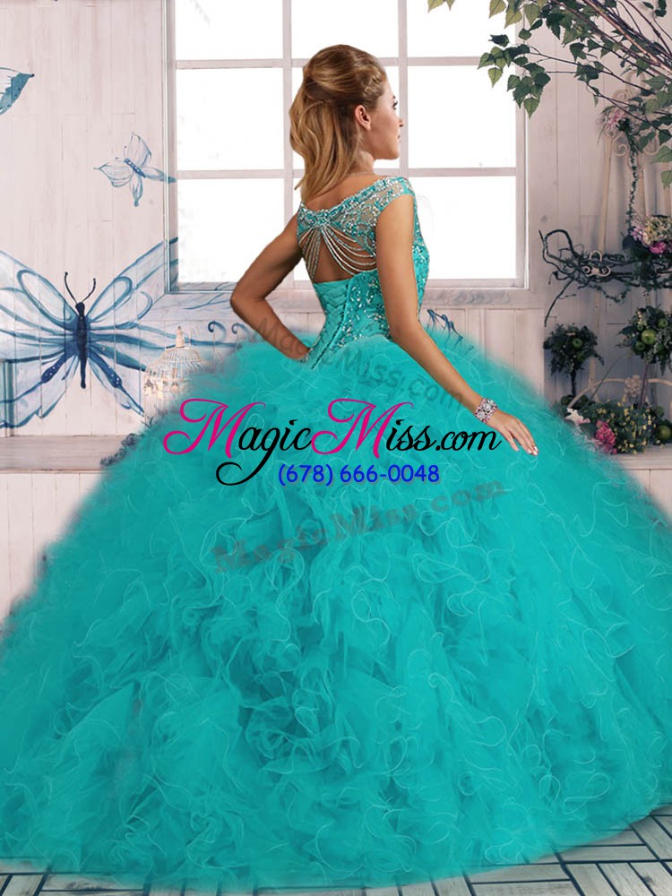 wholesale red sleeveless brush train beading and ruffles vestidos de quinceanera