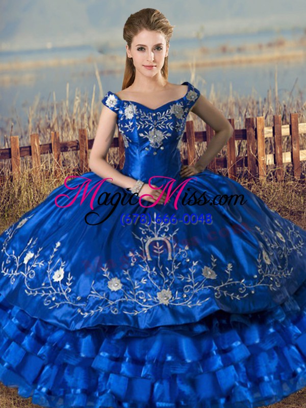 wholesale royal blue lace up off the shoulder embroidery and ruffled layers vestidos de quinceanera satin and organza sleeveless