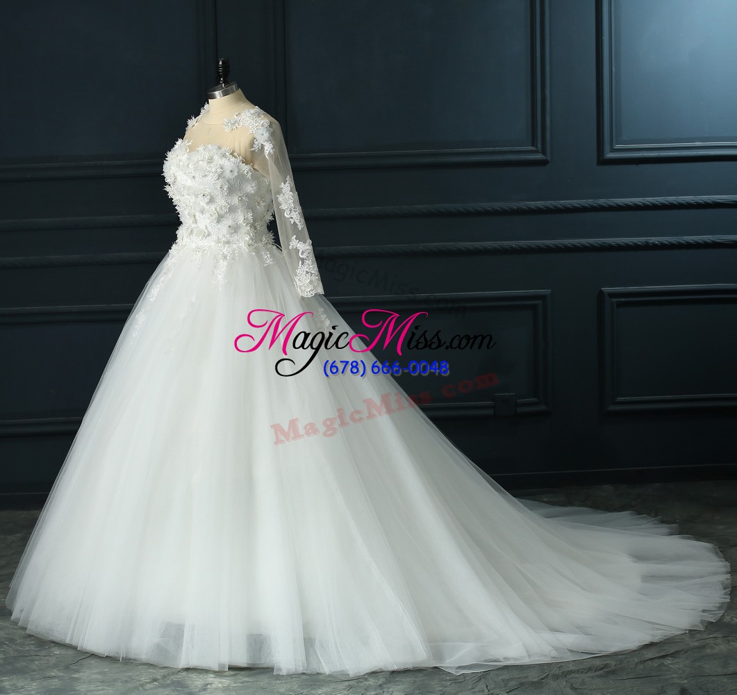 wholesale 3 4 length sleeve court train lace and appliques lace up wedding gown