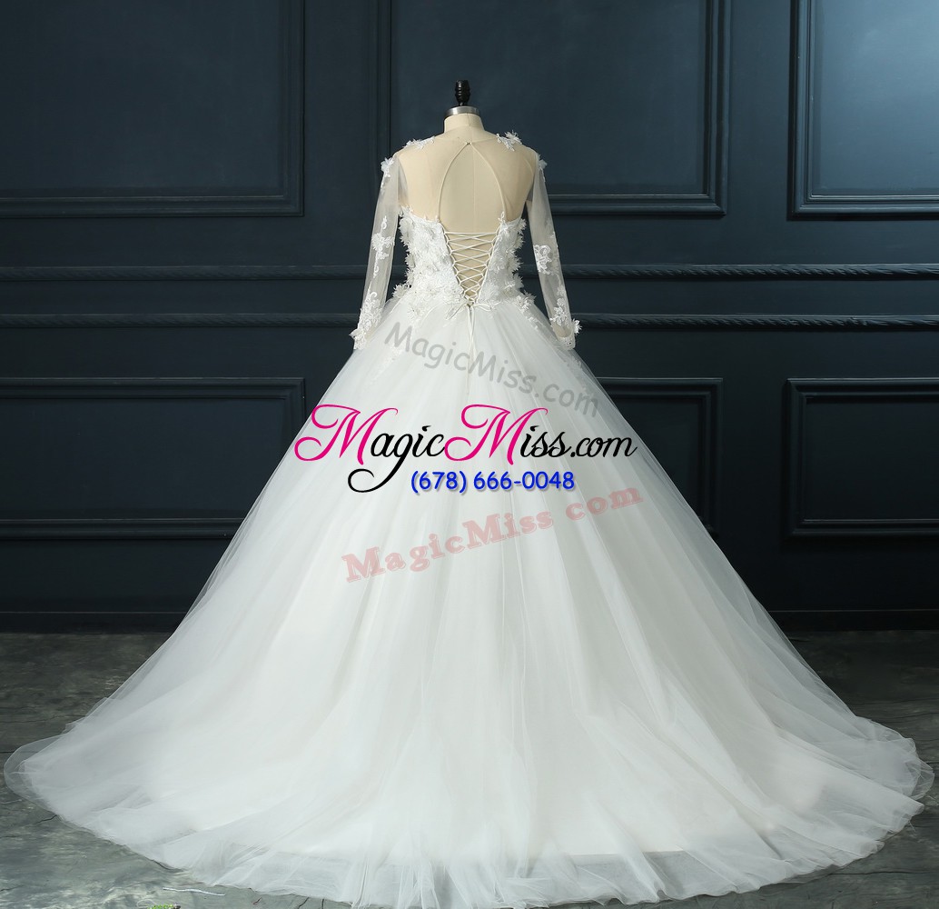 wholesale 3 4 length sleeve court train lace and appliques lace up wedding gown