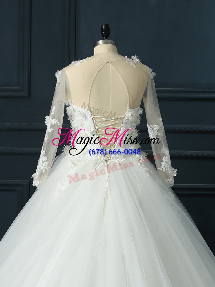 wholesale 3 4 length sleeve court train lace and appliques lace up wedding gown