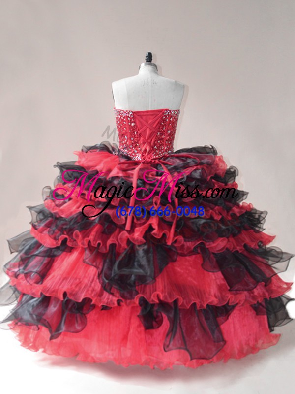 wholesale red and black sweetheart lace up beading and ruffled layers ball gown prom dress sleeveless