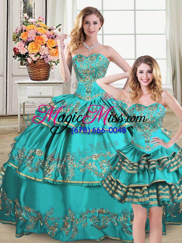 wholesale custom design aqua blue sleeveless floor length embroidery and ruffled layers lace up quinceanera dresses