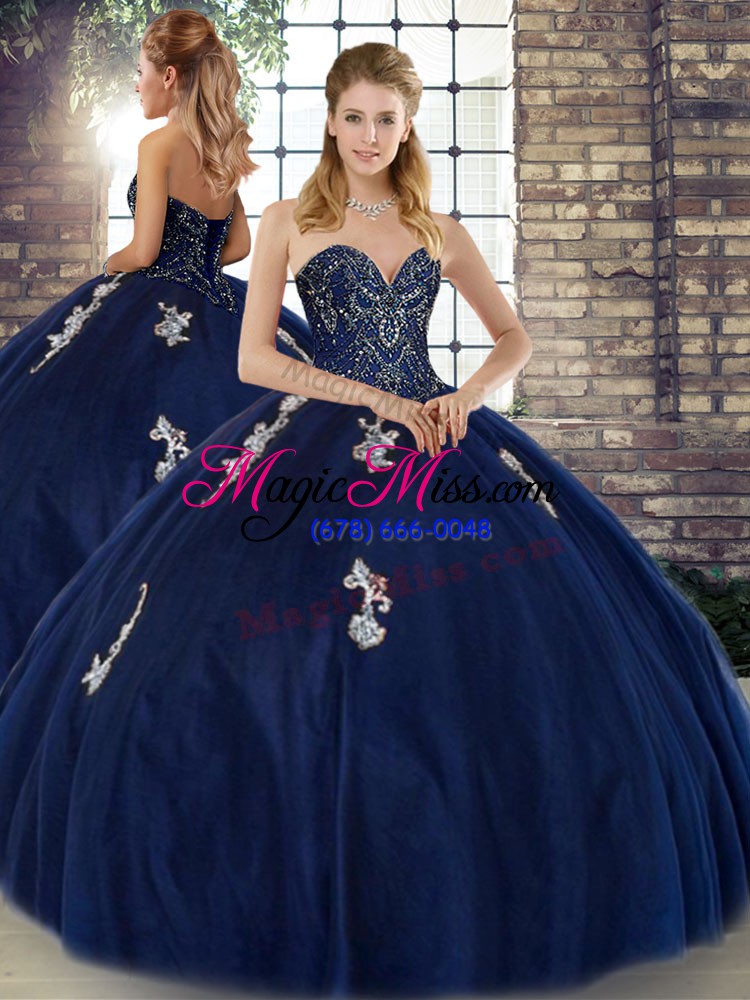 wholesale stunning navy blue sweetheart neckline beading and appliques quinceanera gown sleeveless lace up