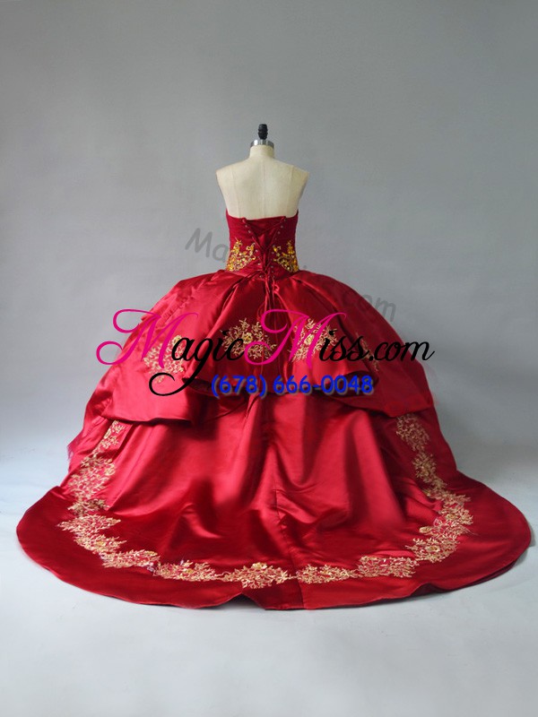 wholesale delicate wine red ball gowns sweetheart sleeveless satin and tulle court train lace up beading and embroidery quinceanera dress