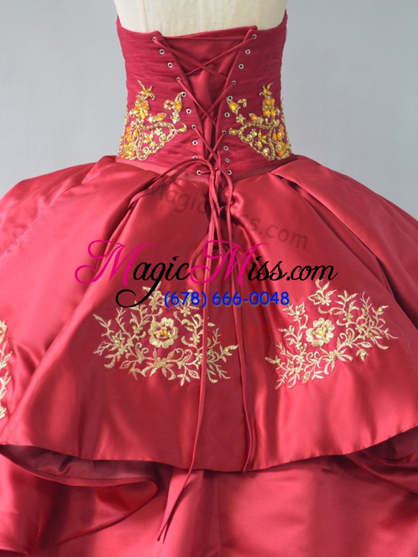 wholesale delicate wine red ball gowns sweetheart sleeveless satin and tulle court train lace up beading and embroidery quinceanera dress