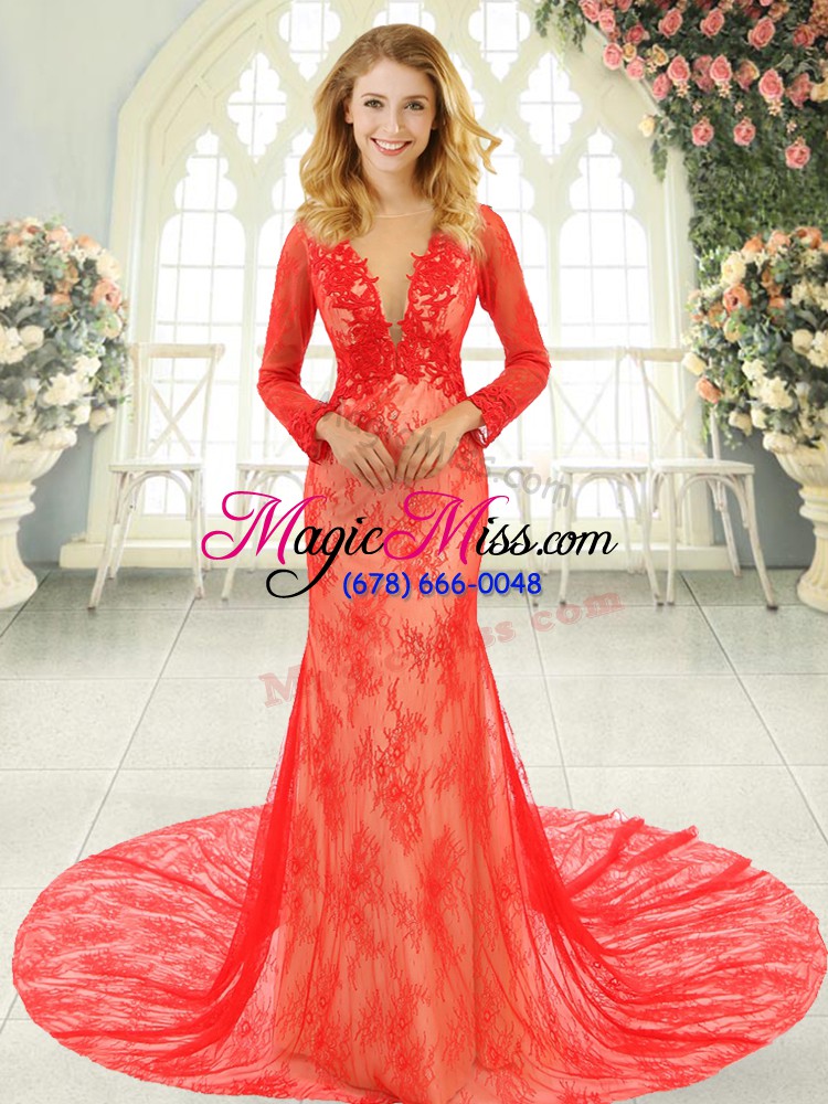 wholesale red mermaid scoop long sleeves tulle court train backless lace prom dress