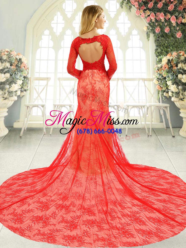 wholesale red mermaid scoop long sleeves tulle court train backless lace prom dress