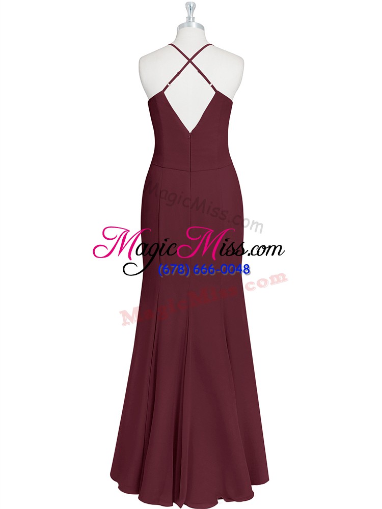 wholesale sweet burgundy mermaid chiffon spaghetti straps sleeveless ruching floor length criss cross homecoming dress