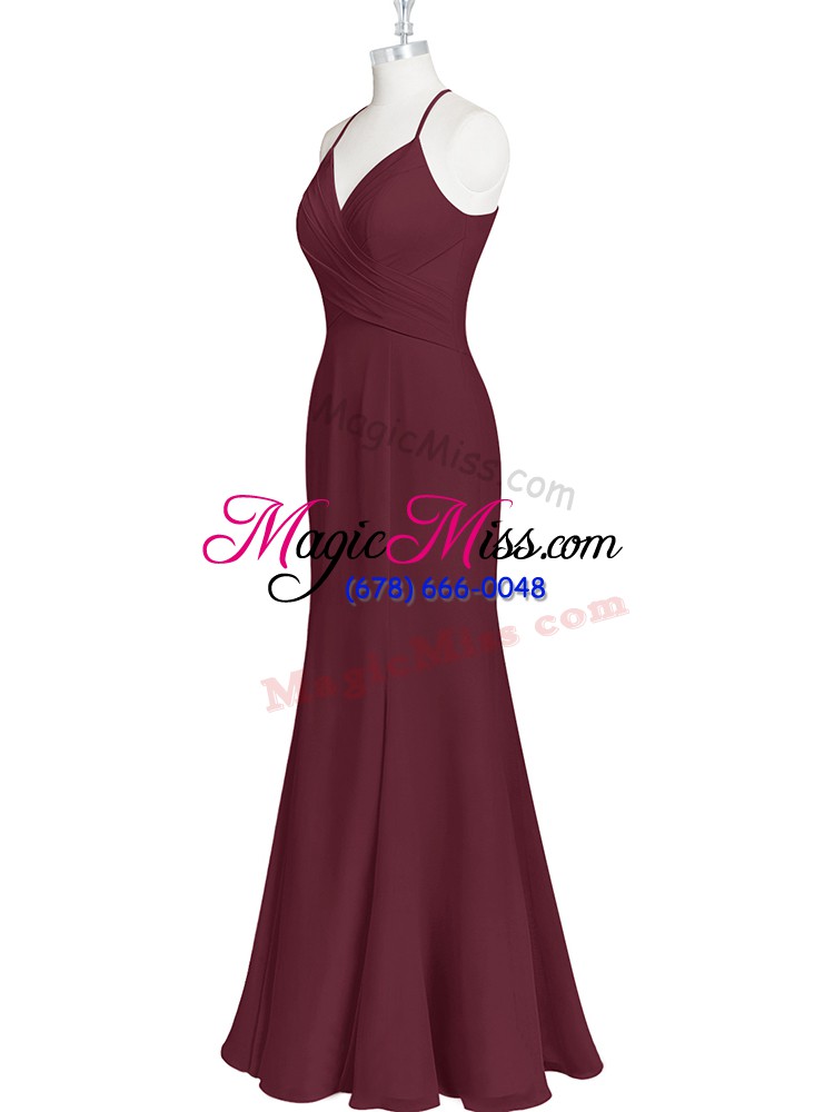 wholesale sweet burgundy mermaid chiffon spaghetti straps sleeveless ruching floor length criss cross homecoming dress