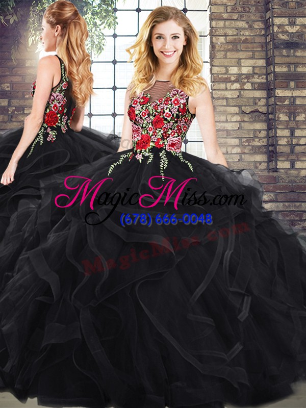 wholesale scoop sleeveless zipper embroidery and ruffles 15 quinceanera dress in black