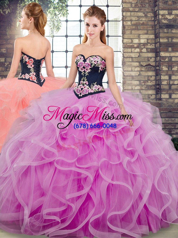 wholesale lilac quinceanera gowns sweep train sleeveless embroidery and ruffles