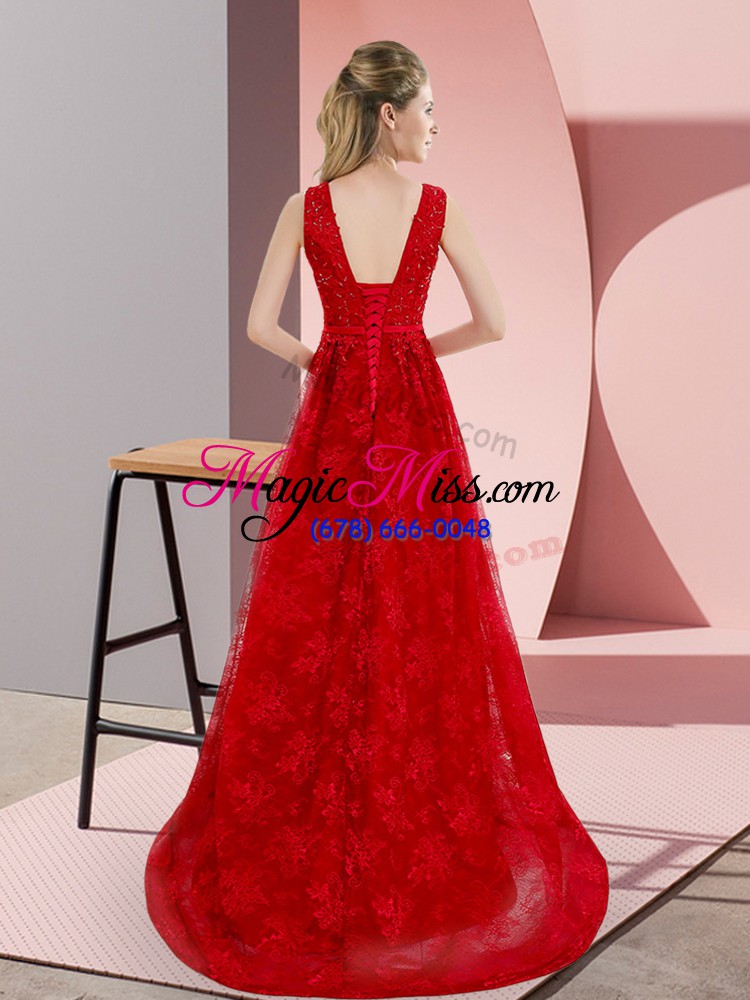 wholesale red lace up v-neck beading evening dress lace sleeveless sweep train