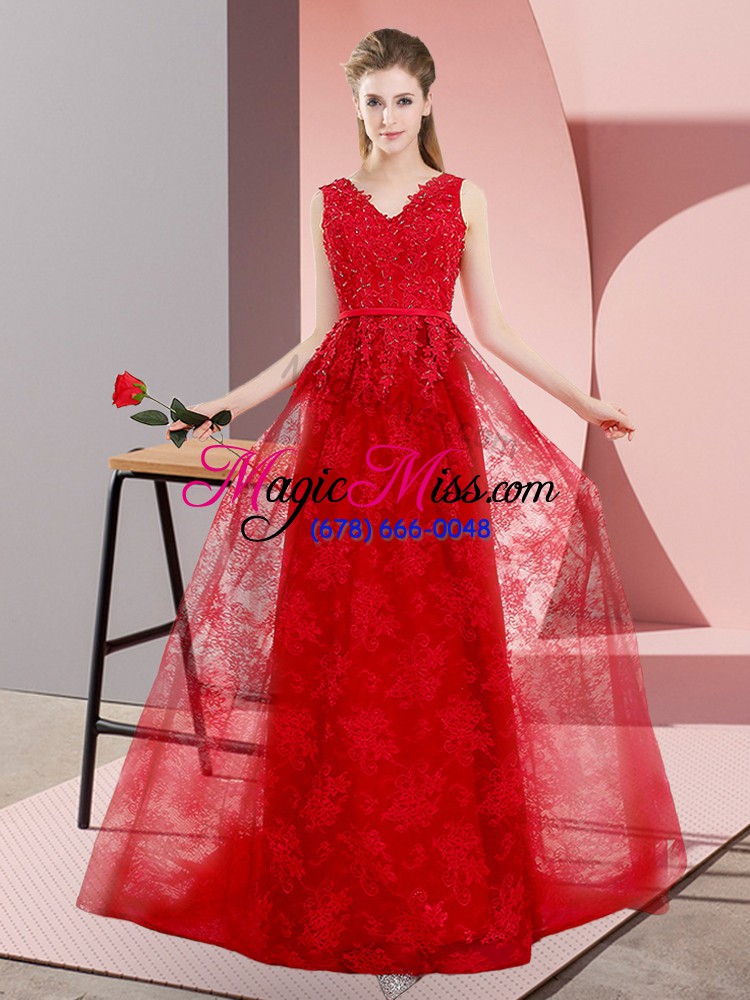 wholesale red lace up v-neck beading evening dress lace sleeveless sweep train