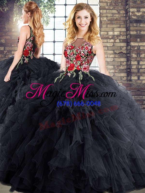 wholesale black ball gowns scoop sleeveless embroidery and ruffles floor length zipper sweet 16 quinceanera dress