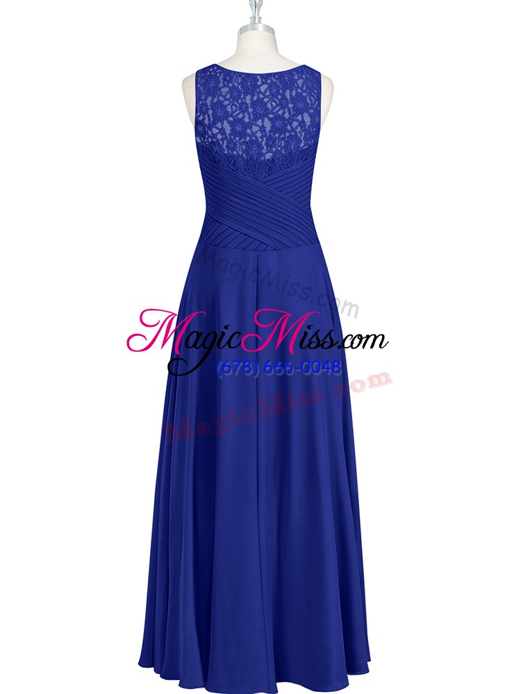 wholesale royal blue chiffon zipper scoop sleeveless floor length prom dress lace and pleated