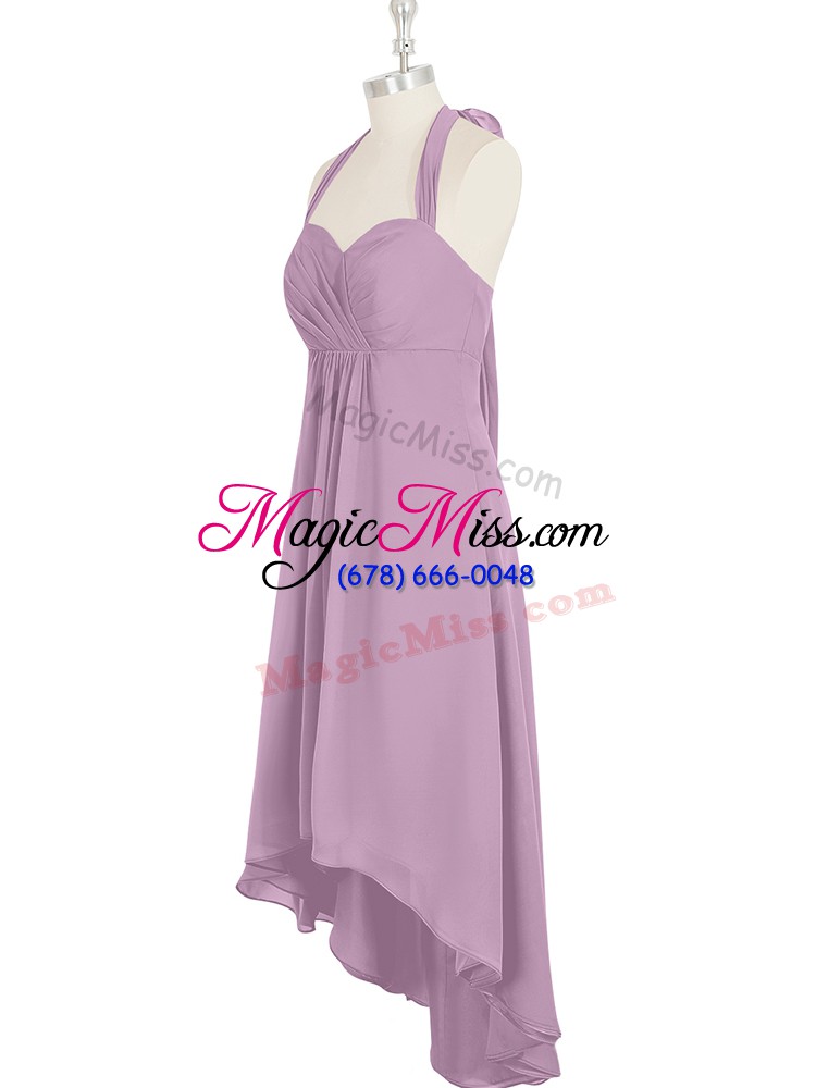 wholesale high end sleeveless chiffon high low zipper evening dress in lilac with ruching