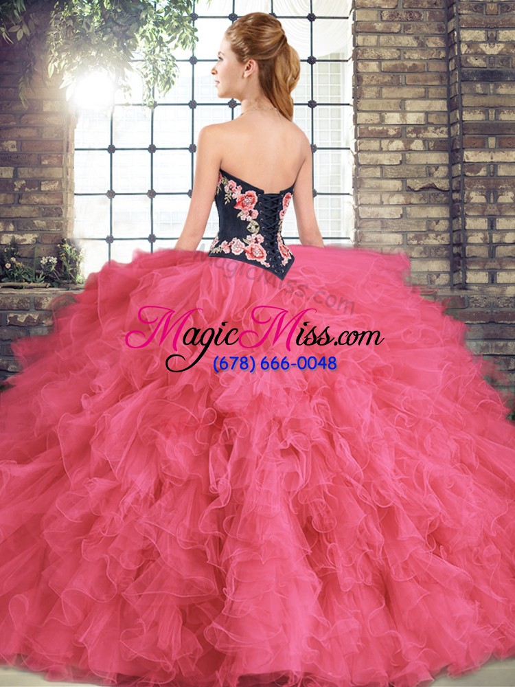 wholesale sophisticated sweetheart sleeveless 15 quinceanera dress floor length beading and embroidery hot pink tulle