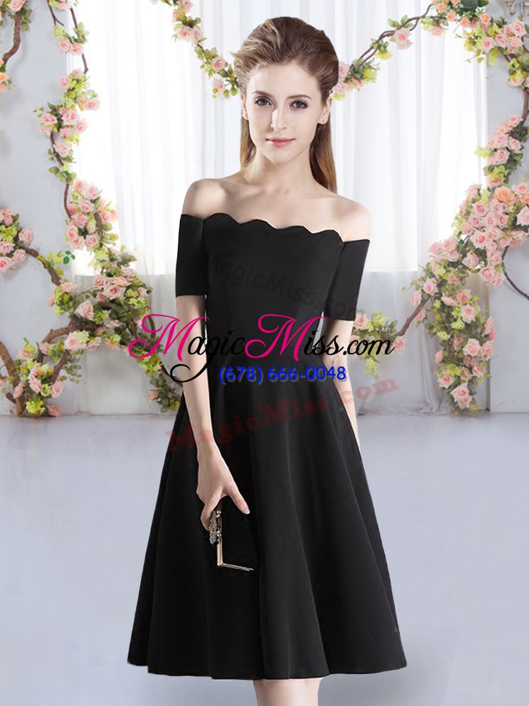 wholesale black off the shoulder neckline ruching bridesmaids dress short sleeves zipper