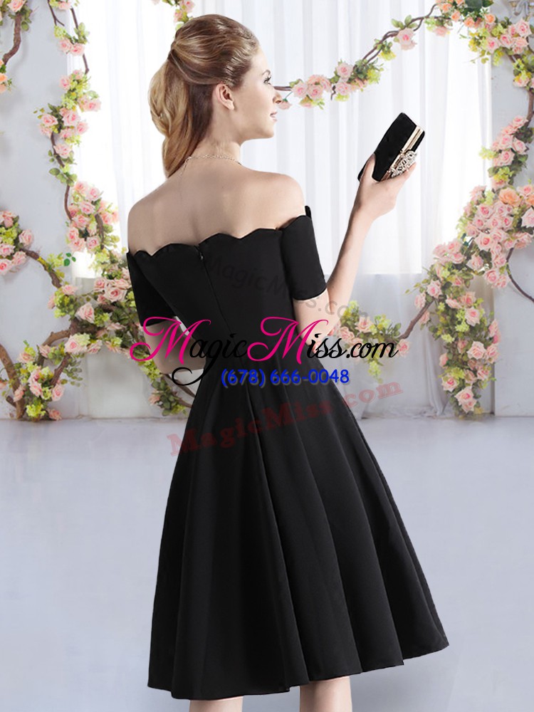 wholesale black off the shoulder neckline ruching bridesmaids dress short sleeves zipper