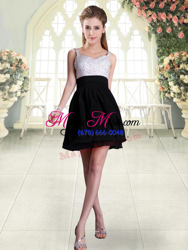 wholesale black a-line straps sleeveless chiffon mini length backless beading prom dress