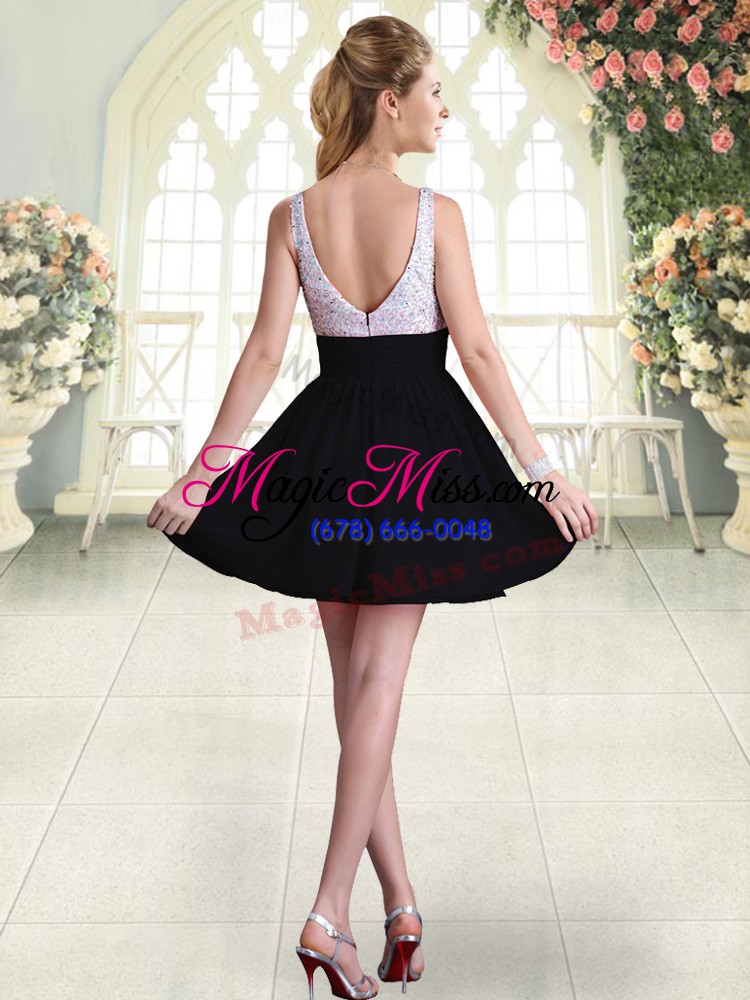 wholesale black a-line straps sleeveless chiffon mini length backless beading prom dress