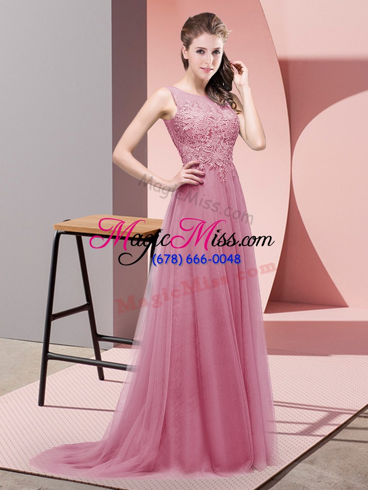 wholesale graceful empire sleeveless pink prom evening gown sweep train lace up