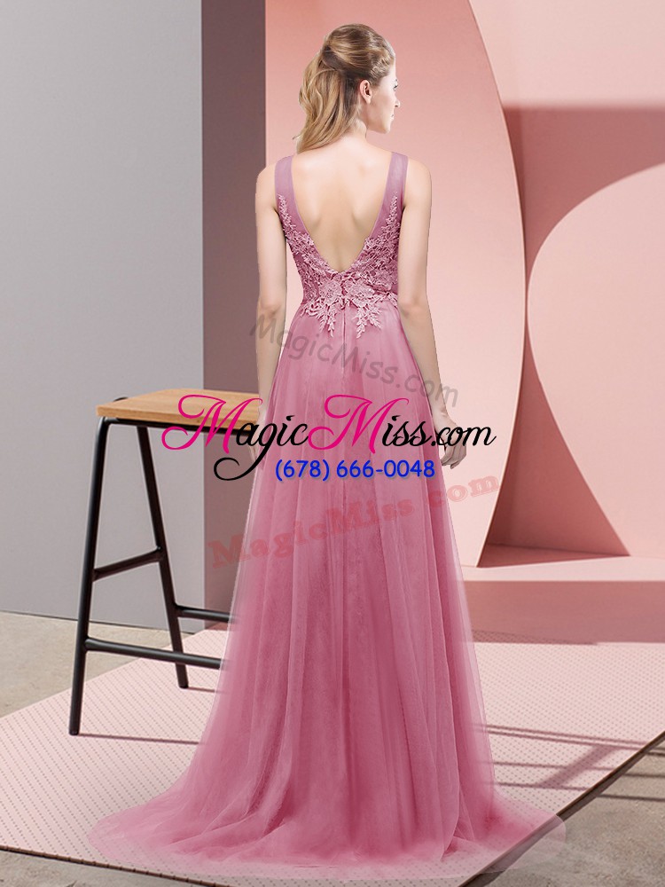 wholesale graceful empire sleeveless pink prom evening gown sweep train lace up