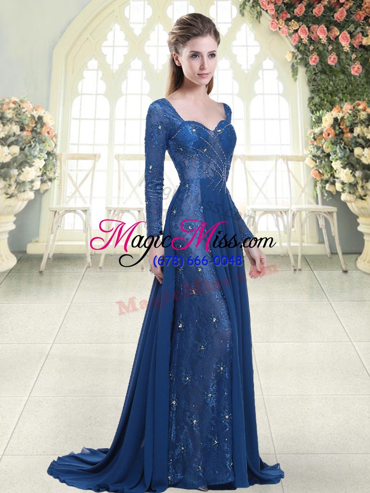 wholesale long sleeves chiffon sweep train zipper evening outfits in blue with beading and lace